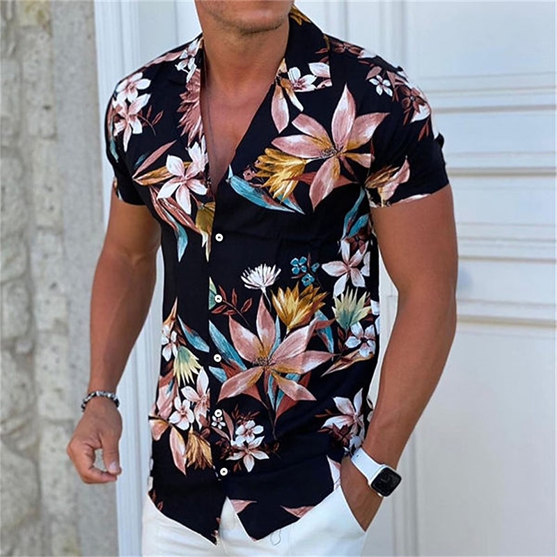 Men's Floral Shirt Camp Collar Shirt Short Sleeve Fashion Designer Casual Outdoor Casual Daily Spring & Summer Turndown Button-Down Black White Yellow Blue Purple