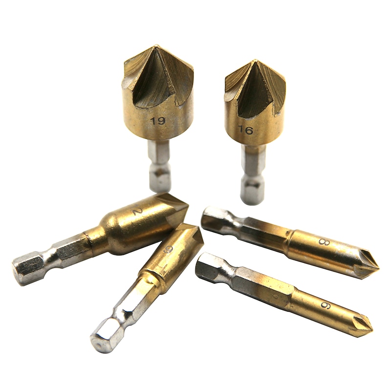 1/4 Hex 6pcs 6-19mm Chamfering Debur Countersink Drill Bit 5 Flute 82 Degree Set For Wood Quick Change Countersink Bits3