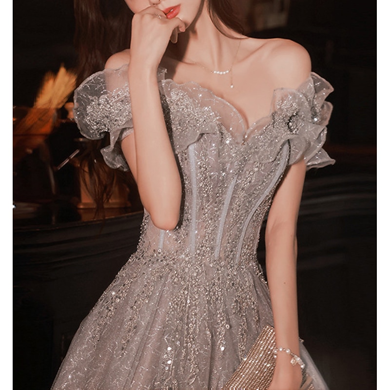 A-Line Prom Dresses Sparkle & Shine Dress Wedding Guest Prom Floor Length Short Sleeve Off Shoulder  with Sequin Ruffles  dress to impress3