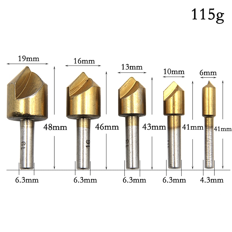 5pcs 6mm 10mm 12mm 16mm 19mm Chamfering Debur Countersink Drill Bit 1 Flute 90 Degree Set For Wood Quick Change3
