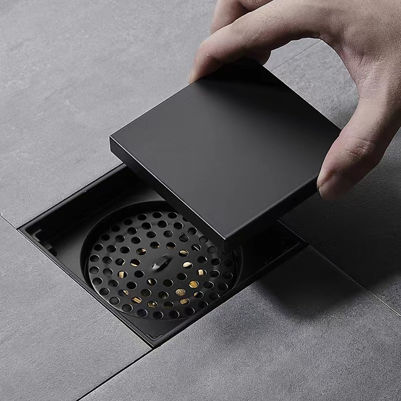 4 inch Square Shower Floor Drain, Removable Brass Flange Reversible Double Cover Tile Insert Grate, Hair Catcher Strainer Black Chrome Golden4