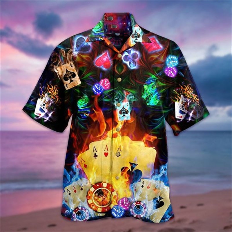 Men's Poker Shirt Button Up Shirt Short Sleeve Fashion Designer Casual Casual Daily Beach Spring & Summer Turndown 3D Button-Down Black Yellow Red Purple Brown