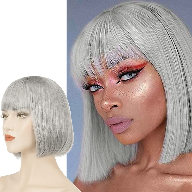 Short Straight Bob Wigs 11 inch Synthetic with Bangs Daily Party Cosplay Hair Wig for Black Women silver gray