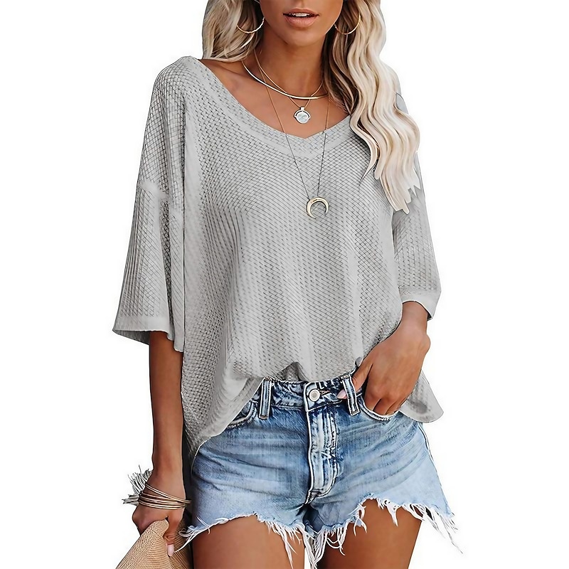 summer  v-neck doll sleeve waffle knit loose solid color short sleeve t-shirt top women's