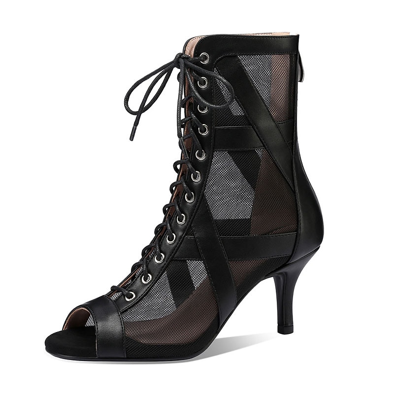 Women's Black Mesh Lace-Up Dance Boots with Open Toe and Stiletto Heel - Ideal for Ballroom and Latin Dance
