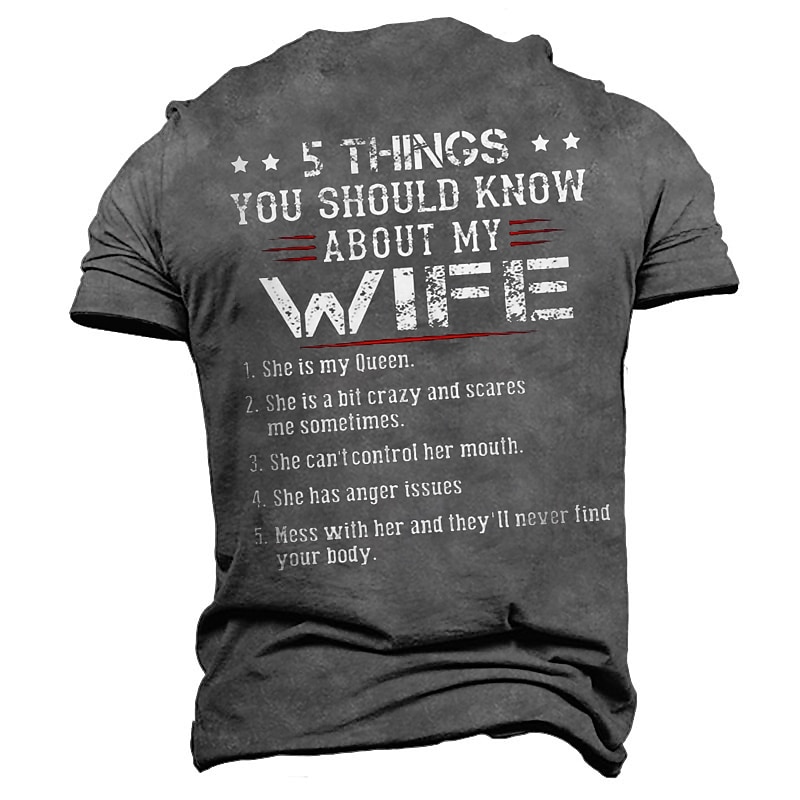 Men's Funny "5 Things You Should Know About My Wife" Graphic T-Shirt - Husband Relationship Humor2
