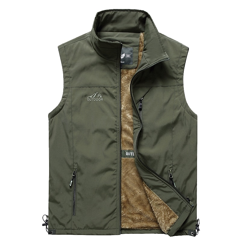 Men's Hiking Fleece Vest Sleeveless Vest / Gilet Top Outdoor Thermal Warm Windproof Comfort Breathable Winter Summer Sporty Zipper Velvet Polyester Black Army Green Khaki Hunting Fishing Beach2