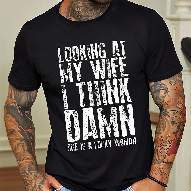 Men's Graphic Letter She's A Lucky Woman T Shirt Casual Style 100% Cotton Short Sleeve Graphic Shirt Black Wine Royal Blue Comfortable Tee Street Casual Fashion Designer Clothing