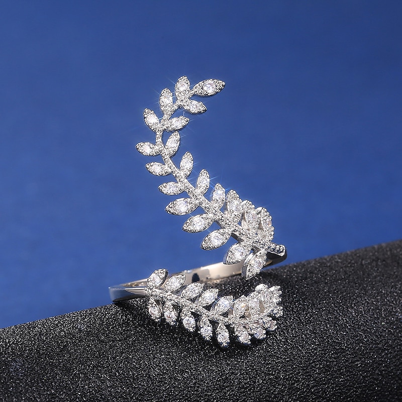 1pc Adjustable Ring For Women's Cubic Zirconia Clear Gift Daily Work Zircon Copper Leaf2