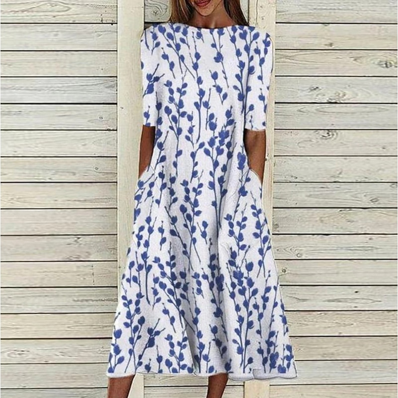 Women's Midi Dress Casual Dress Blue Half Sleeve Print Ruched Spring Summer Crew Neck Casual 2023 S M L XL XXL 3XL