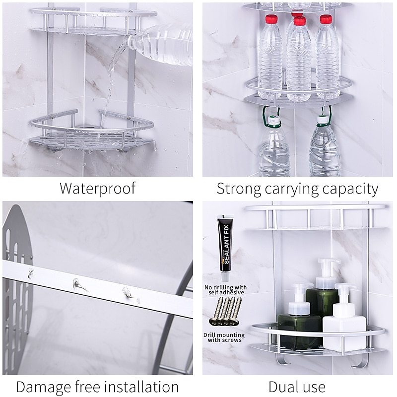 Shower Caddy Bathroom Corner Shower Rack 2/3 Layer Space Aluminum Bathroom Shelf Accessories Set Removable Rack Bathroom Shelf organizador4