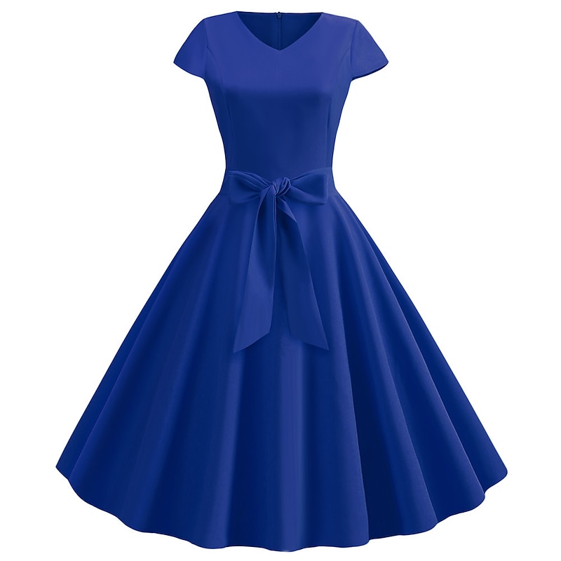 Retro Vintage 1950s A Line Dress Rockabilly Swing Dress Cap Sleeve Bow Plain V Neck Fancy Dress Women's Masquerade Cocktail Party Tea Party Casual Daily Adults' Dress Homecoming Dresses Spring4