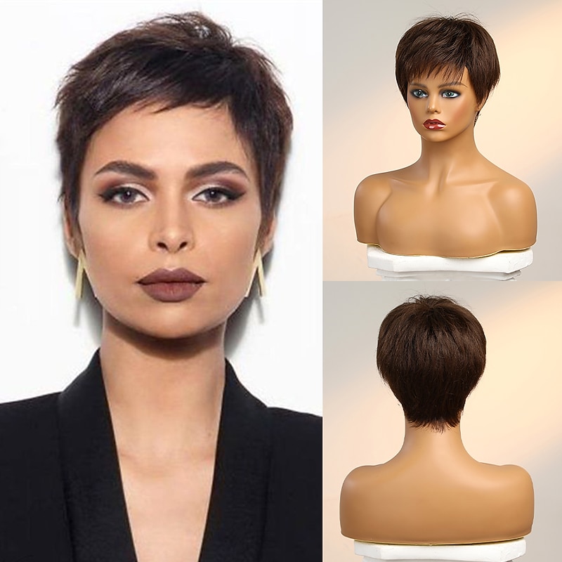 Human Hair Blend Wig Short Straight Natural Straight Pixie Cut Side Part Layered Haircut Asymmetrical Black White Green Cosplay Curler & straightener Natural Hairline Capless Burmese Hair Women's All
