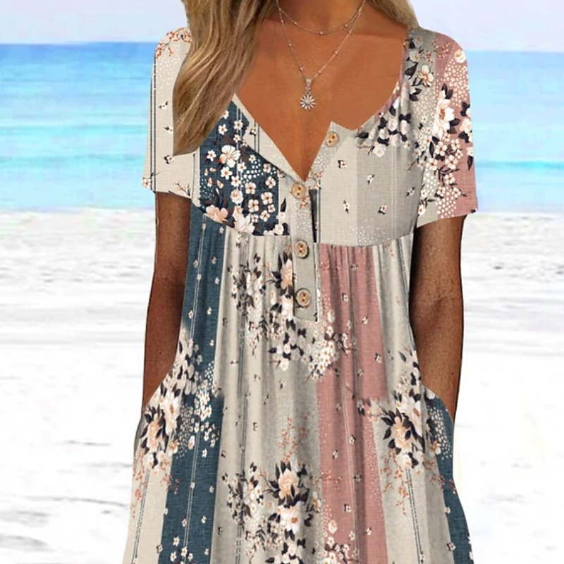 Women's Casual Dress Floral Color Block Ruched Print V Neck Midi Dress Sexy Casual Daily Short Sleeve Summer Spring2