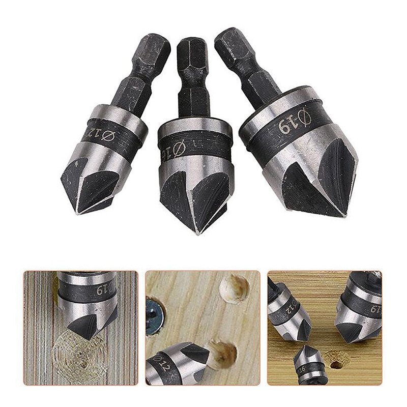 3pcs 12mm 16mm 19mm Chamfering Debur  Countersink 5 Flute 90 Degree Set For Wood Quick Change Countersink Bits