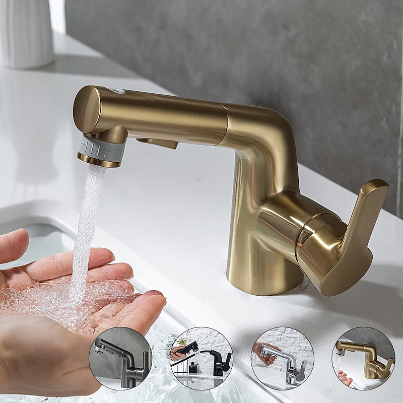 Pull Out Bathroom Sink Mixer Faucet, 360 swivel Pull Down Sprayer Basin Tap Brass, 2 Water Flow Modes with Rotating Spout, Single Handle Washroom Water Tap with Cold Hot Hose