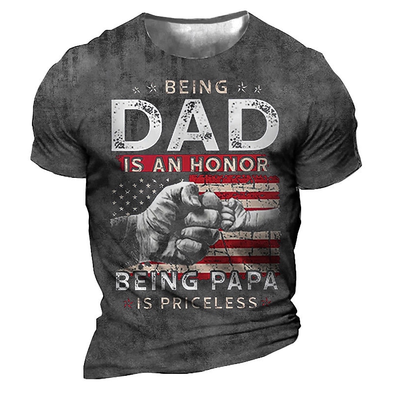 Men's Graphic T-Shirt: 'Being Dad Is An Honor Being Papa Is Priceless' American Flag Fist Bump Design, Short Sleeve