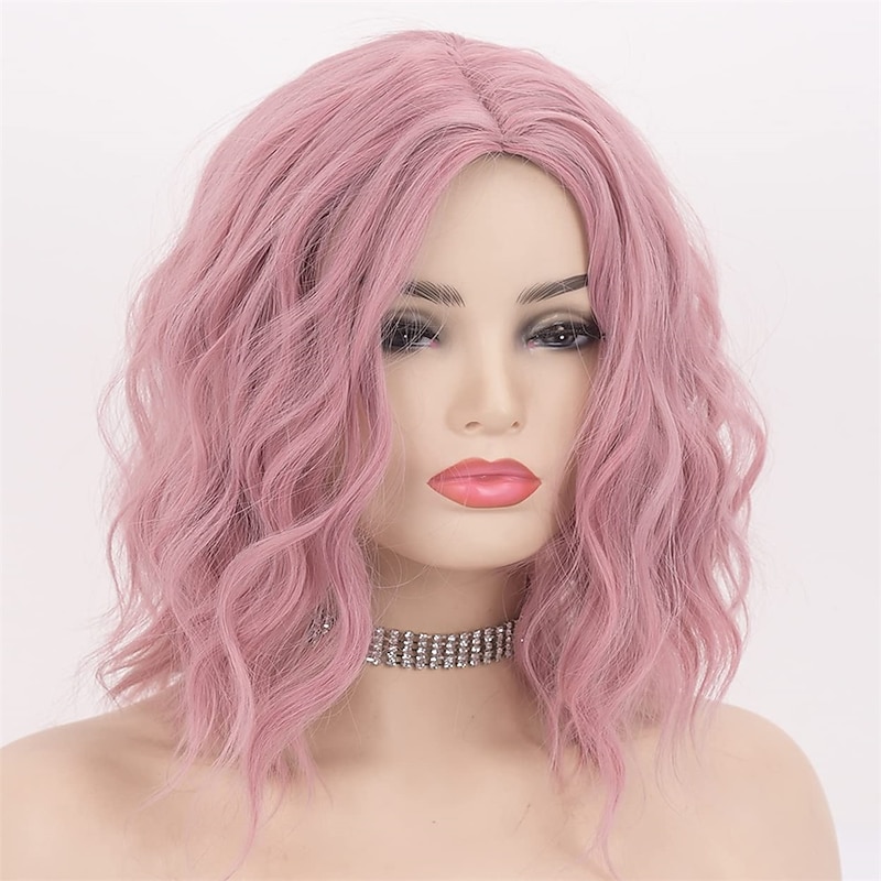 Pink Wigs for Women Loose Curly Synthetic Wigs Baby Pink Hair Wigs for Party Pink Cosplay Wig Middle Part Short Curly Wigs LEMEIZ-125 Christmas Party Wigs3