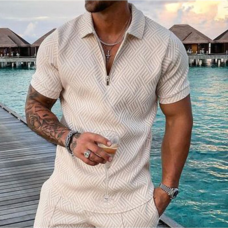 Men's Geometric Hawaiian Polo Shirts Golf Shirt Short Sleeve Polo Shirts Collared Shirts Casual Beach Wear Vacation Wear Party Outfits 3D Print Quarter Zip Polo White gray Black Light Green2
