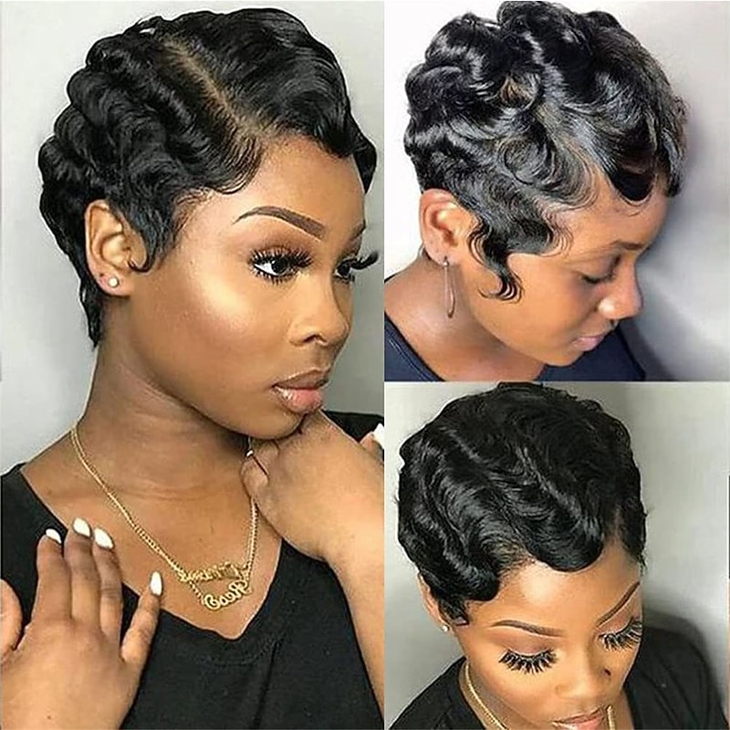 Short Pixie Cut Wigs For Black Women Mommy Brazilian Finger Ocean Wave Remy Cheap Wig For Party Halloween Wigs
