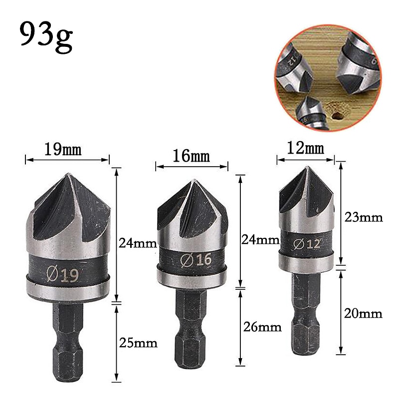 3pcs 12mm 16mm 19mm Chamfering Debur  Countersink 5 Flute 90 Degree Set For Wood Quick Change Countersink Bits4