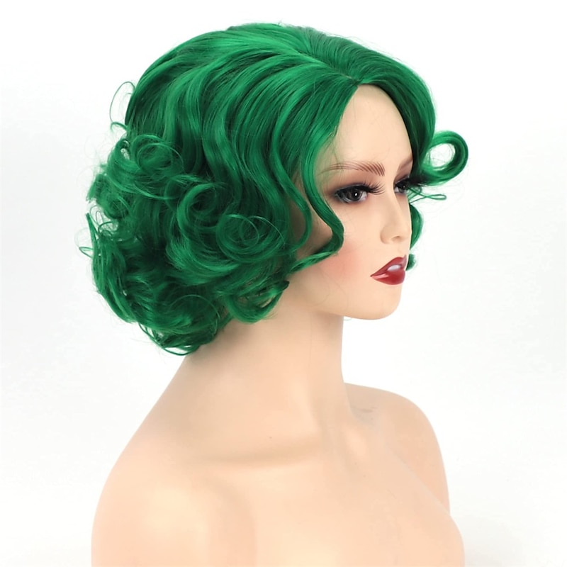 Short Green Big Curly Wavy Layered Wigs for Women Cosplay Party  Synthetic Fiber Hair  Wigs  Halloween Wigs St.Patrick's Day Wigs3