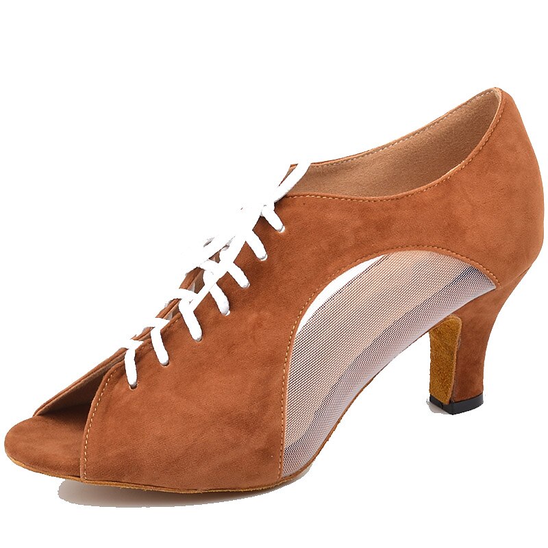 Women's Black Lace-Up Dance Shoes with Mesh Panels and Peep-Toe Design - Comfortable Heeled Ballroom and Salsa Shoes4