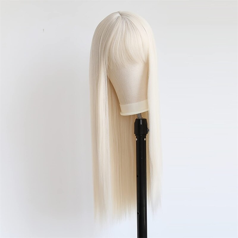 Long Straight Platinum Blonde with Bangs Synthetic None Lace Front Wig for Women Natural Long Straight Middle Part #60 Color Machine Made Cosplay Daily Wear Wig barbiecore Wigs2