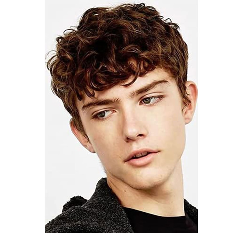 Men's Brown Short Wig Curly Fluffy Natural Synthetic Hair Bangs Cosplay Full Wig for Men2