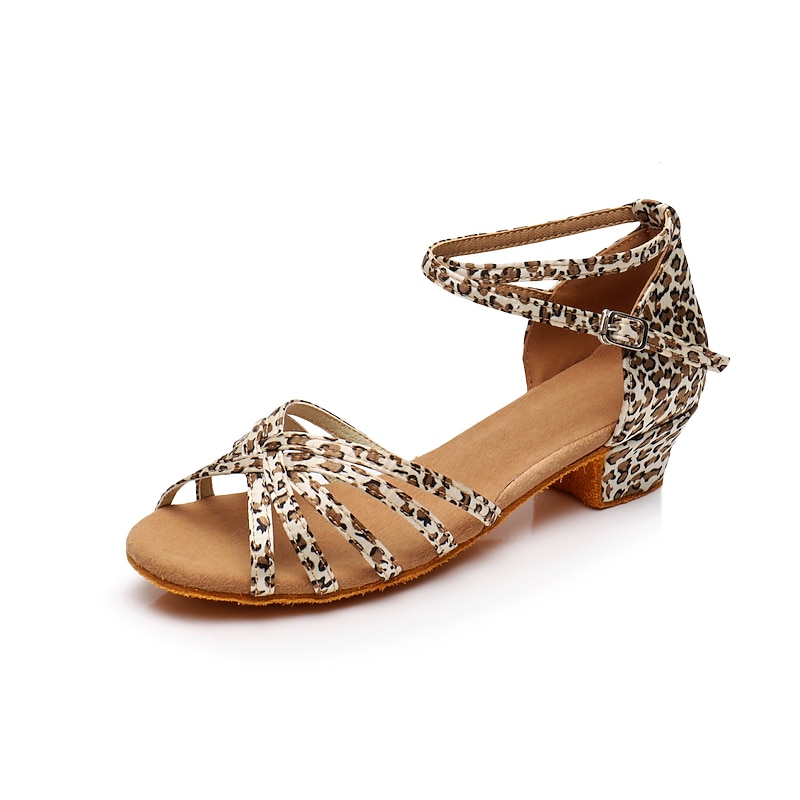 Women's Latin Shoes Leopard Print Ballroom Shoes Salsa Shoes Line Dance Indoor Practice Professional Satin Basic Sandal Heel Low Heel Buckle Kid's Leopard Nude Black2