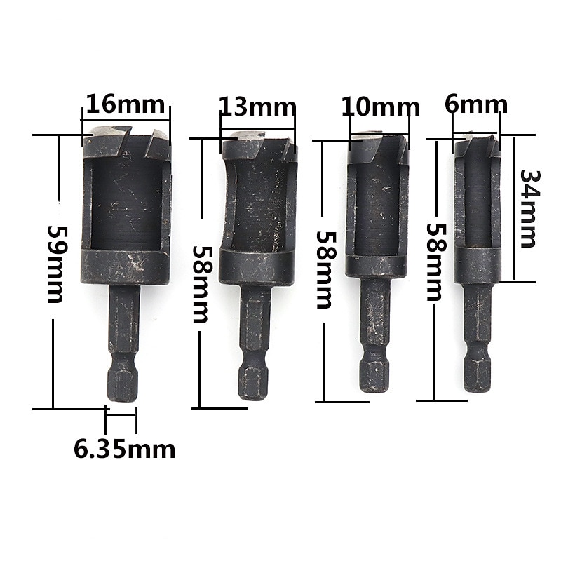 4pcs Quick Shank 1/4'' Shank Black Carpentry Wood Plug Cutter Straight Tapered Claw Type Drill Bit Set 6mm 10mm 13mm 16mm Drill4