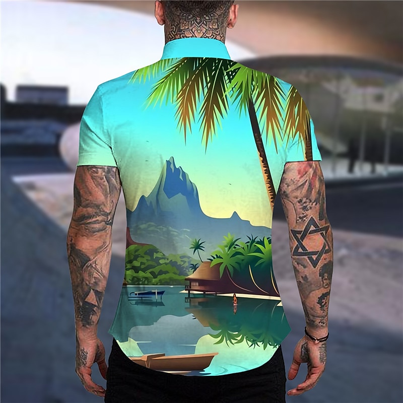 Men's Coconut Tree Tropical Plants Shirt Summer Hawaiian Shirt Aloha Shirt Short Sleeve Shirt Turndown Fashion Hawaiian Designer Outdoor Street Casual Sea Blue Yellow Blue Print S M L2