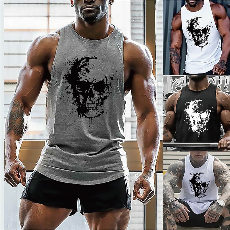 Men's Skull Graphic Prints Tank Top Vest Top Undershirt Casual Style Classic Style Sleeveless T shirt Hot Stamping Crew Neck Shirt Hawaiian Classic Big and Tall Outdoor Vacation Daily Gray Summer2
