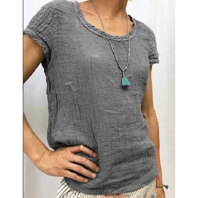 Women's Shirt Blouse Cotton Linen Shirts Plain Basic Short Sleeve Round Neck Regular Tops Casual White Pink Sky Blue Green Light Grey4