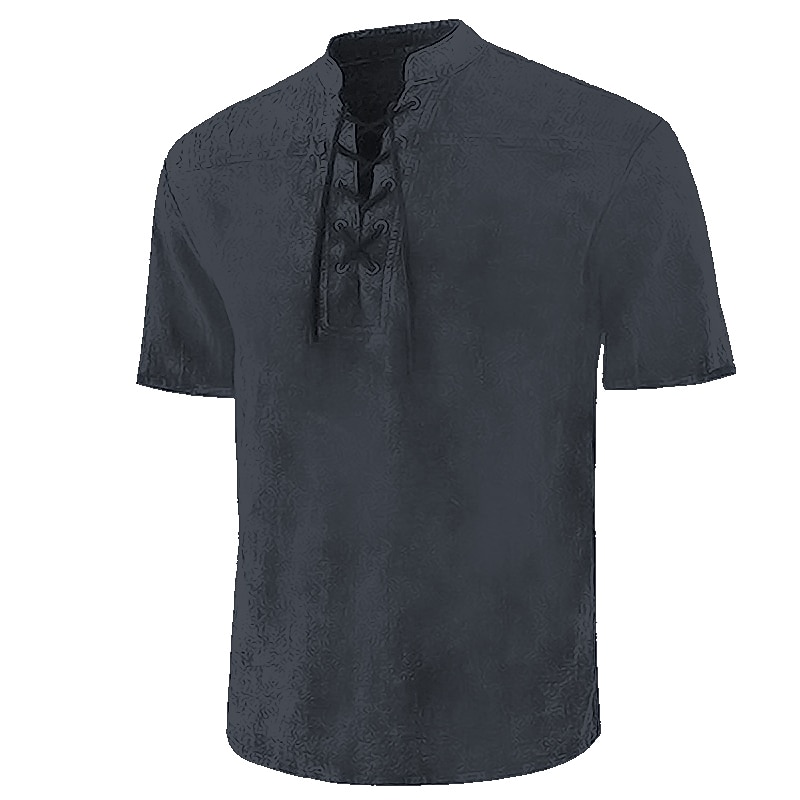 Men's Shirt Summer Shirt Beach Wear Casual Shirt Black Wine Army Green Navy Blue Blue Short Sleeve Plain Solid Colored Stand Collar Outdoor Street Lace up Clothing Apparel Fashion Casual Breathable3