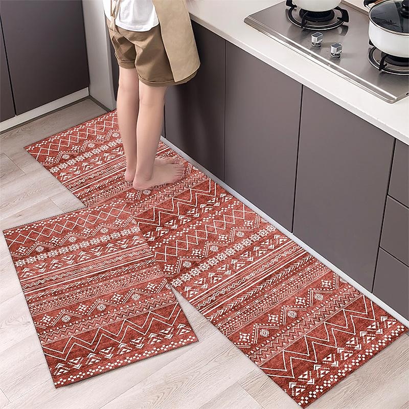 Boho Style Kitchen Mat Kitchen Rug Set of 2 Pcs,Perfect for Kitchen, Bathroom, Living Room, Soft, Absorbent Microfiber Material, Non-Slip, Easy Clean Machine Washable Floor Runner2
