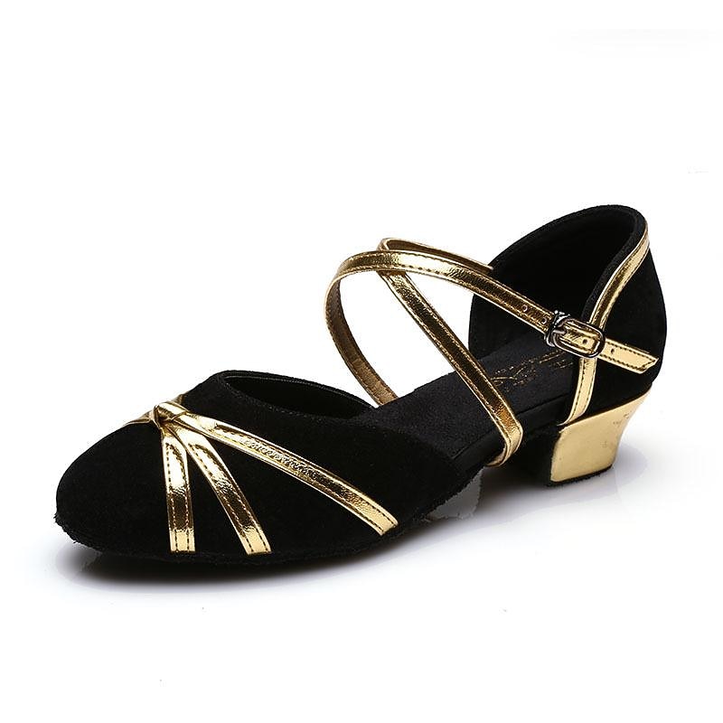 Women's Black and Gold Latin Dance Shoes – Strappy Design with Low Heels and Suede Sole for Performance2