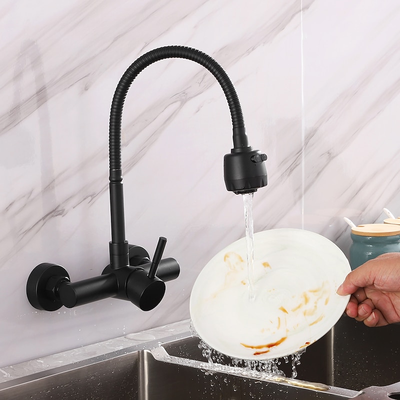 Wall Mount Kitchen Sink Mixer Faucet with Sprayer Kitchen Faucet Stainless Steel Pot Filler Taps, 360 Swivel Polished Black/Chrome Single Handle Mixer Vessel Tap2