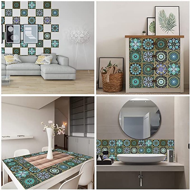 12PCS European-style Thickened Tile Self-adhesive Paper Dream Blue Kitchen Oil-proof And Waterproof Removable Wall Stickers4