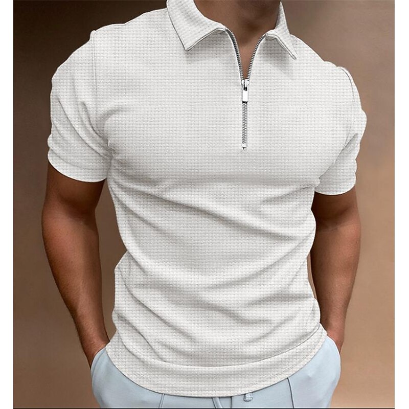 Men's Waffle Polo Shirt Golf Shirt Casual Quarter Zip Short Sleeve Sports Designer Solid Color Patchwork Zipper Summer Regular Fit Black Royal Blue Khaki Light Grey Dark Gray Waffle Polo Shirt2