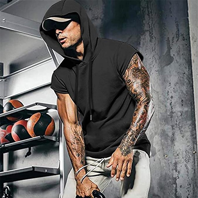 Men's Running Tank Top Workout Tank Sleeveless Tee Tshirt Athletic Summer Hooded Solid Colored Quick Dry Soft Moisture Wicking Breathable Jogging Training Bodybuilding Sportswear Activewear White