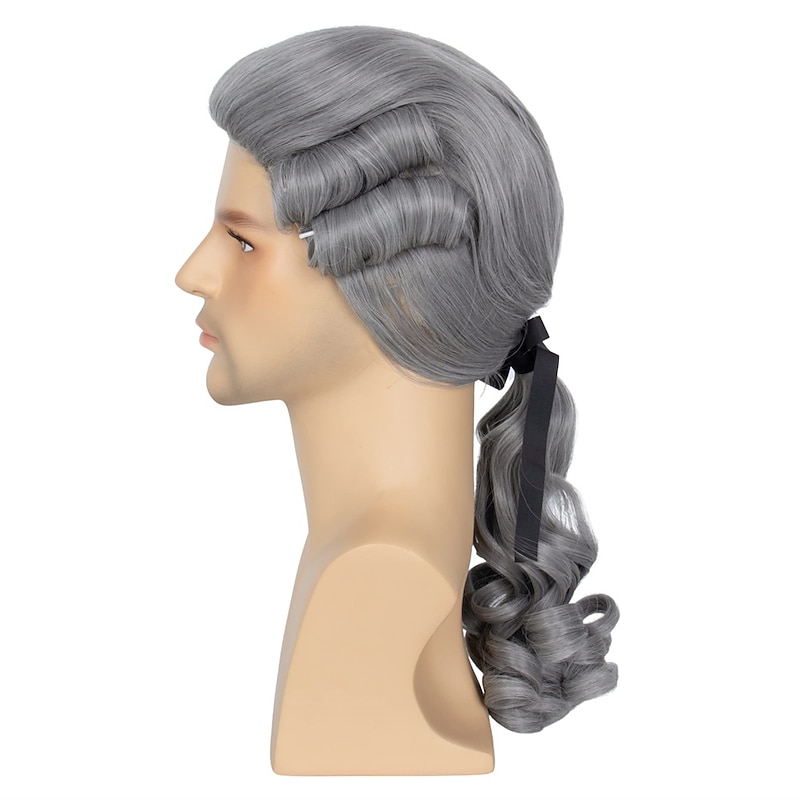 Hair Grey Colonial Wig Mens Powdered Wig for Cosplay Judge Lawyer Wig   Funny Wigs Halloween Wigs3