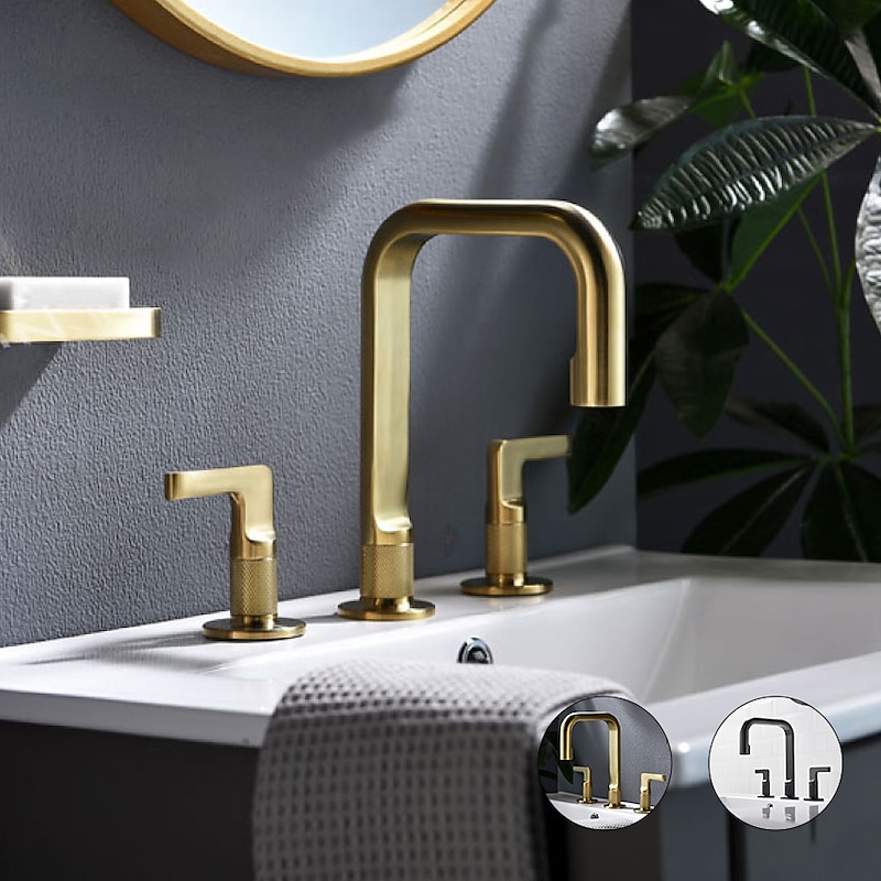 2-Handle Widespread Bathroom Sink Faucet with Faucet Supply Hoses Gold/Gun Metal Grey Basin Faucet Mixer Taps - Main Image