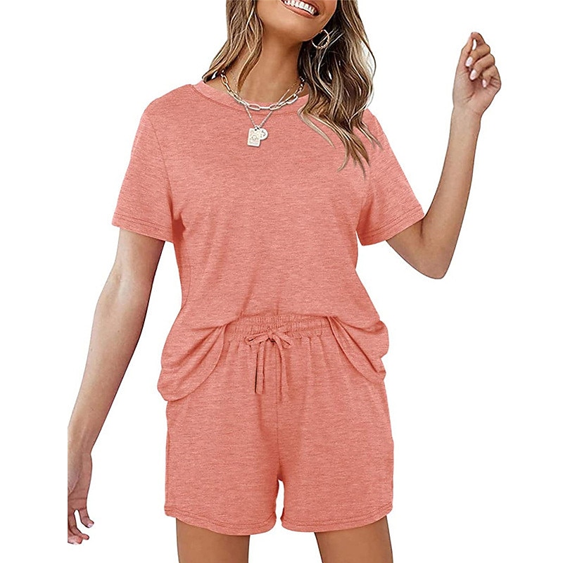 Women's Loungewear Nighty Sets 2 Pieces Pure Color Simple Comfort Home Street Cotton Crew Neck Short Sleeve T shirt Tee Shorts Summer Spring Home Outfits3