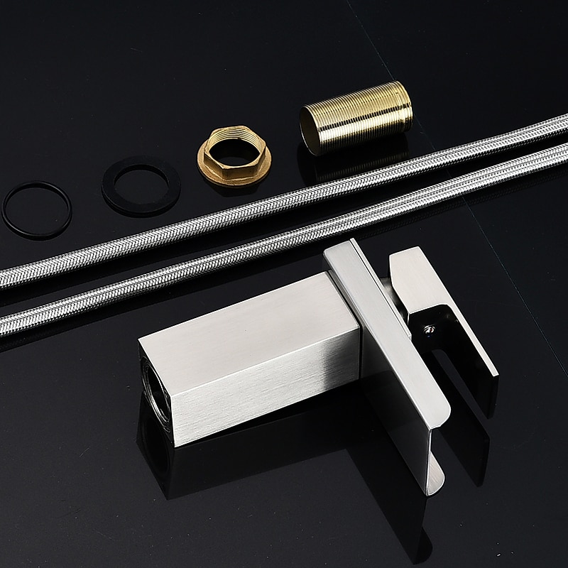 Bathroom Sink Mixer Faucet Waterfall, Modern Style Single Handle One Hole Chrome Centerset Washroom Basin Taps Brass Adjustable Cold Hot Water Hose4