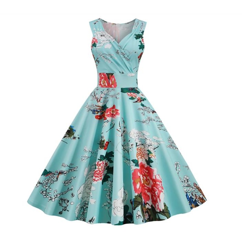 Retro Vintage Cocktail Dress Vintage Dress Knee Length Dress Flare Dress Normal Sleeveless Slim Fit Floral Print A-Line V Neck Fancy Dress Women's Carnival New Year Masquerade Date Dress Bachelorette