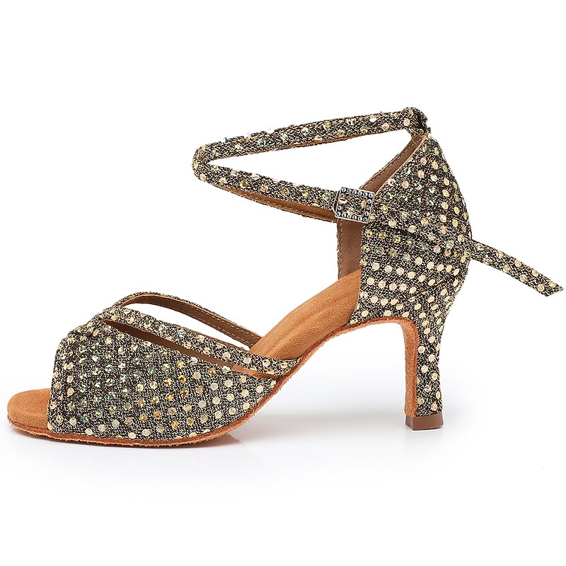 Women's Latin Shoes Dance Shoes Indoor Professional ChaCha Glitter Crystal Sequined Jeweled Softer Insole High Heel Round Toe Buckle Adults' Dark Brown / Sparkling Glitter / Satin 5