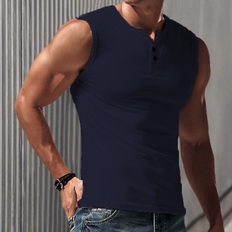 Men's Tank Top Vest Top Undershirt Sleeveless Shirt Short Sleeve Henley Summer Spring Solid Color Fashion Basic Classic Button-Down Street Casual Daily Black White Blue Top Tee for Men4