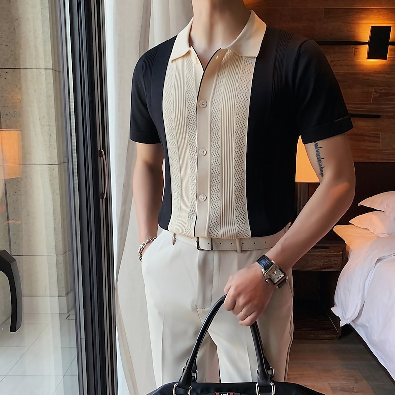 Men's Knit Polo Sweater Polo Shirt Casual Daily Turndown Button Short Sleeve Fashion Chunky Color Block Button Front Summer Spring Fall Regular Fit Black / Gray Yellow Knit Polo Sweater