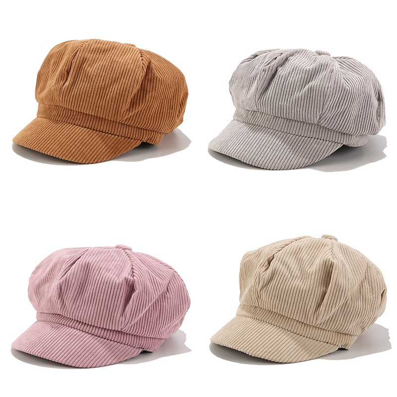 1PCS Solid Color Women Beret Spring Autumn Newsboy Hat Vintage Corduroy Elasticity Peaked Cap Painter Hat